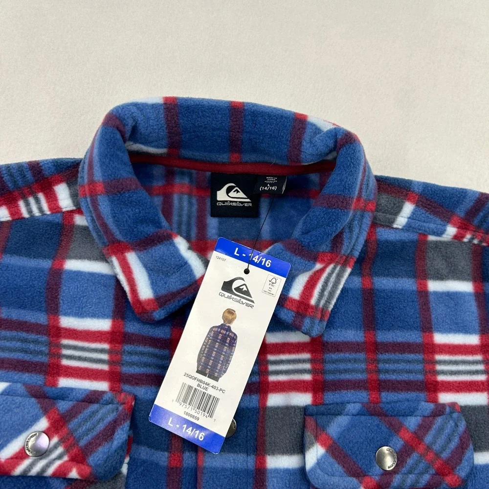 Quiksilver Boys Blue Red Plaid Polar Fleece Button Down Shirt Jacket L 14/16 NWT